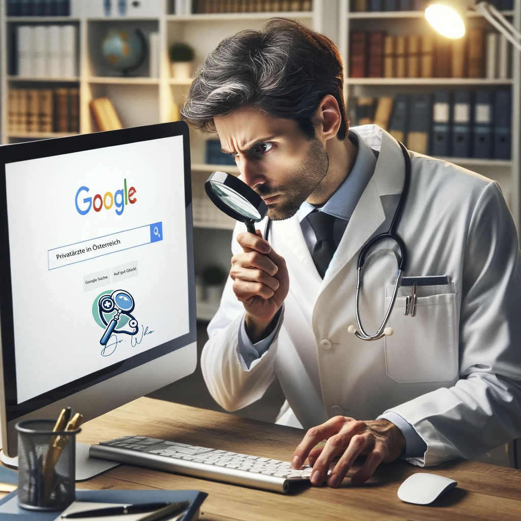 Arzt mit Lupe schaut auf seinen Bildschirm der in Google Privatärzte in Österreich eingibt
